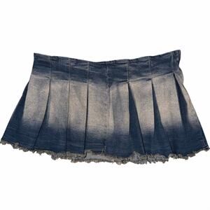 Y2K Vintage Style Ombre Pleated Denim Mini Skirt Distressed Raw Hem Plus Size 1X